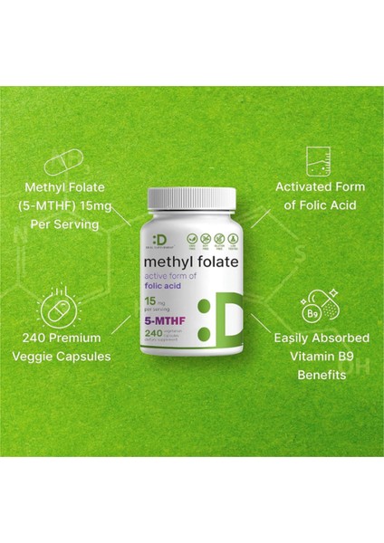 L Methylfolate 15MG 240 Veggie Capsul – Active Folic Acid Form (5-Mthf) Bioavailable Methylated Folate – Prenatal Energy Brain Support Usa Menşei 3645