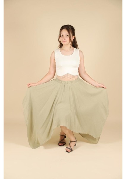 09-15 Yaş Kız Çocuk Yeşil Renk Simetrik Kesim Etek modelleri