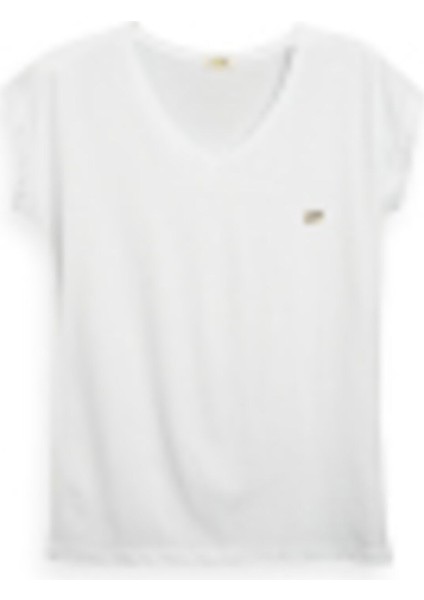 Kadın V Yaka Beyaz Tshirt Damalı Logo fiyatları