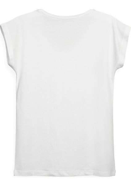 Kadın V Yaka Beyaz Tshirt Damalı Logo modelleri