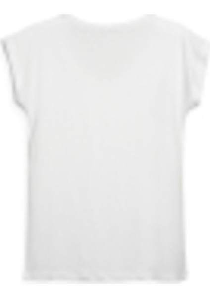 Kadın V Yaka Beyaz Tshirt Damalı Logo fırsatları