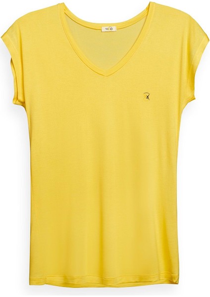 Kadın V Yaka Sarı Basic Tshirt Logo