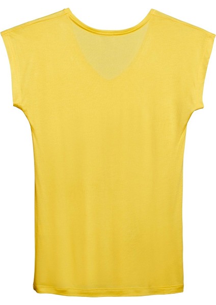 Kadın V Yaka Sarı Basic Tshirt Logo