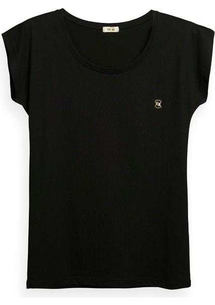 Kadın Açık Bisiklet Yaka Siyah T-Shirt Logo