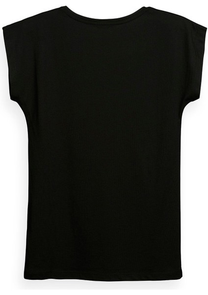 Kadın Açık Bisiklet Yaka Siyah T-Shirt Logo fiyatları