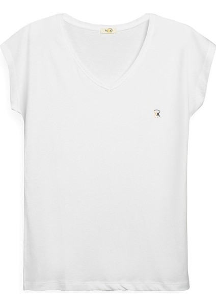 Kadın V Yaka Beyaz Basic Tshirt Logo