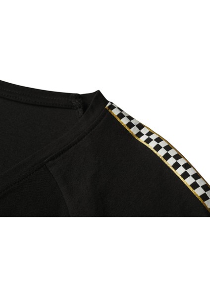 Kadın Reglan Şerit Baskılı Kol V Yaka Siyah Tshirt fırsatları