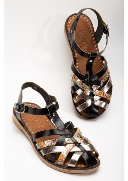 205-02 Siyah Garni Ortopedik Deri Kadın Sandalet indirimleri