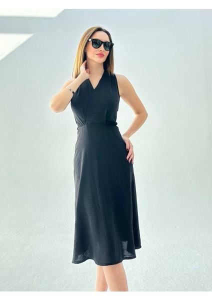 Aerobin Kruvaze Yaka Midi Boyundan Bağlamalı Kadın Elbise 007