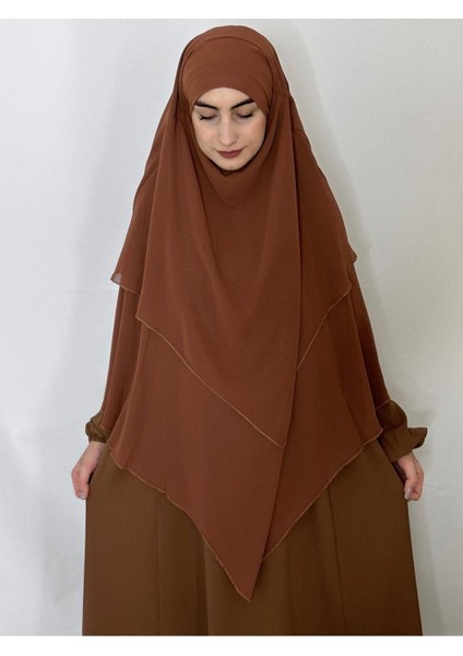 Üç Katlı Hazır Peçeli Sufle Khimar Şifon Esarp 4 Ipli Camel