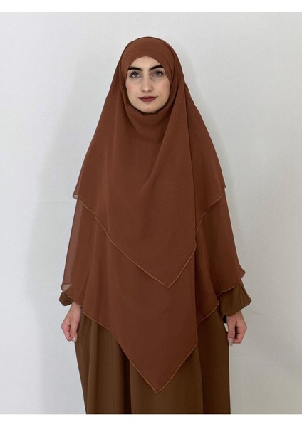 Üç Katlı Hazır Peçeli Sufle Khimar Şifon Esarp 4 Ipli Camel