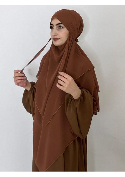 Üç Katlı Hazır Peçeli Sufle Khimar Şifon Esarp 4 Ipli Camel