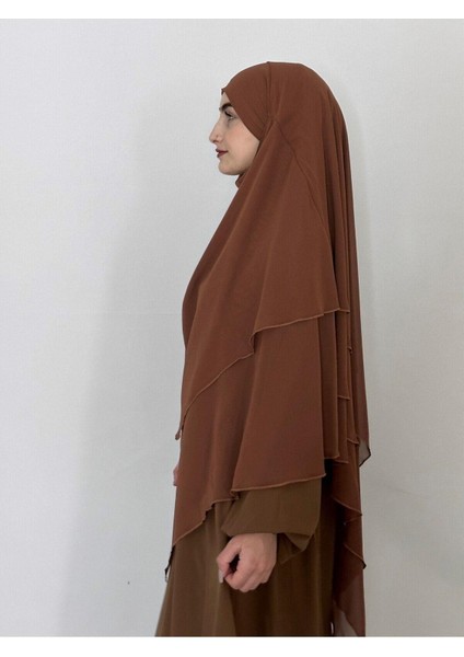 Üç Katlı Hazır Peçeli Sufle Khimar Şifon Esarp 4 Ipli Camel