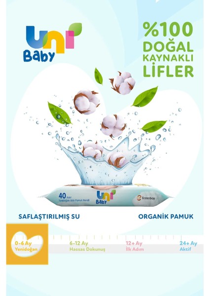 Uni Baby Islak Havlu Hassas Yeni Doğan 40 Yaprak (18 Li Set) 720 Yaprak (Narin Ciltler Için) (6pk*3)