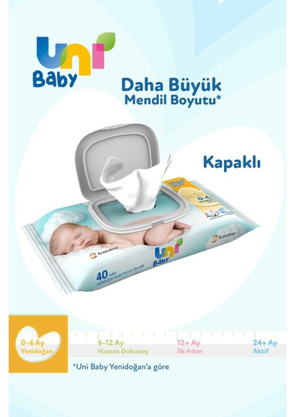 Uni Baby Islak Havlu Hassas Yeni Doğan 40 Yaprak (18 Li Set) 720 Yaprak (Narin Ciltler Için) (6pk*3)