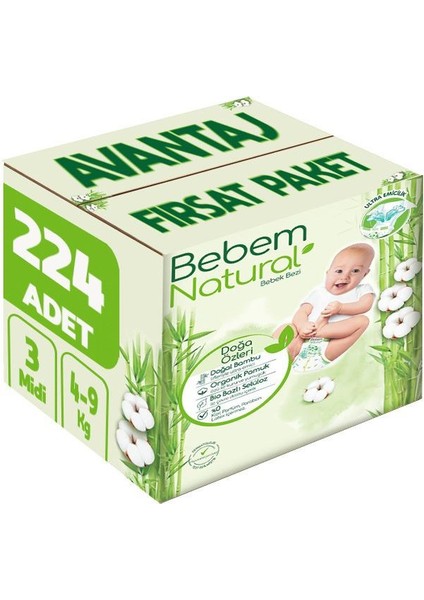 Bebem Bebek Bezi Natural Beden:3 (4-9kg) Midi 224 Adet Avantaj Fırsat Pk