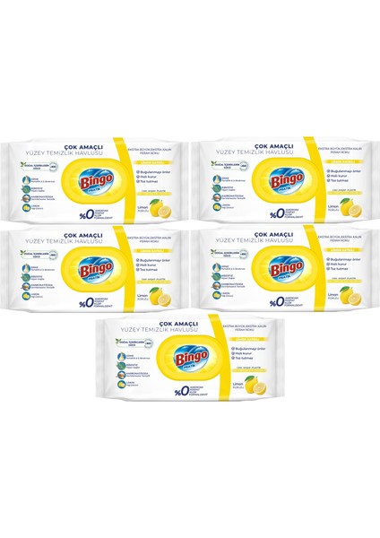 Clean Yüzey Temizlik Havlusu 96 Yaprak Limon Kokulu Plastik Kapaklı (5 Li Set) 480 Yaprak