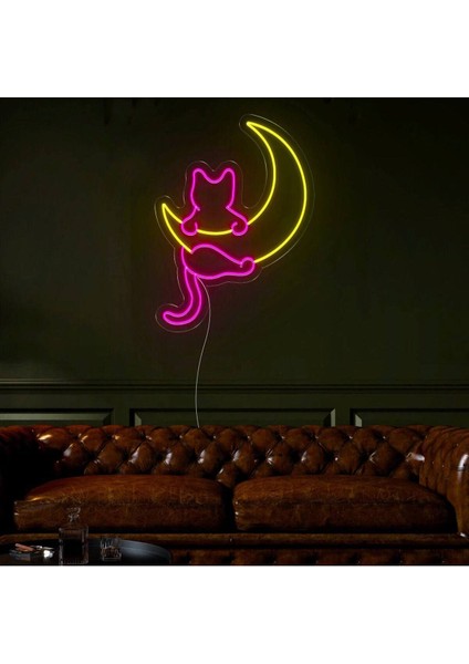 Kedi ve Ay Figürlü Neon Tabela