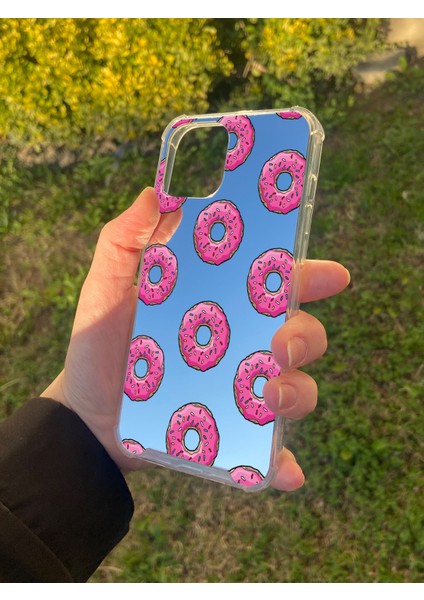 Zeze Accessory Iphone 12 Pro Uyumlu Aynalı Pembe Donut Desenli Darbe Kamera Korumalı Silikon Telefon Kılıfı