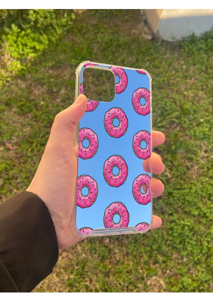 Zeze Accessory Iphone 12 Pro Uyumlu Aynalı Pembe Donut Desenli Darbe Kamera Korumalı Silikon Telefon Kılıfı