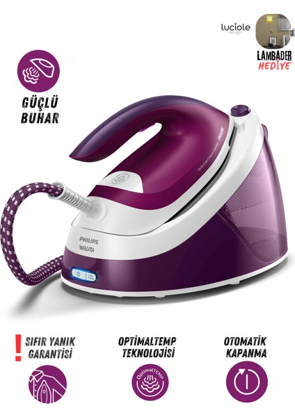 Compact Tasarım Üstün Buhar Performanslı Buhar Kazanlı Ütü, Optimaltemp Teknolojisi, 360 gr Şok Buhar, Özel Taban, Sıfır Yanık Riski, Lambader Hediye