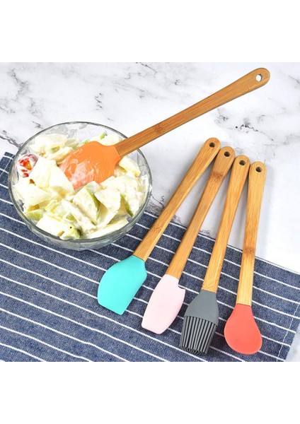 5 Parça Mini Silikon Spatula Kaşık Fırça Seti Bambu Saplı