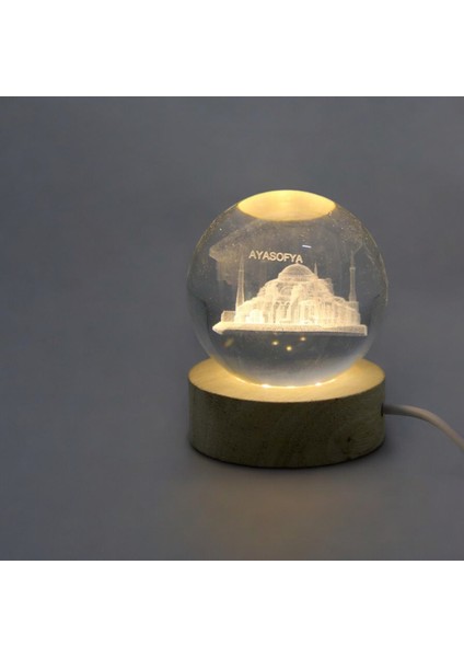 Kişiye Özel Işıklı Ahşap Ayasofya Kristal Cam Küre 6cm