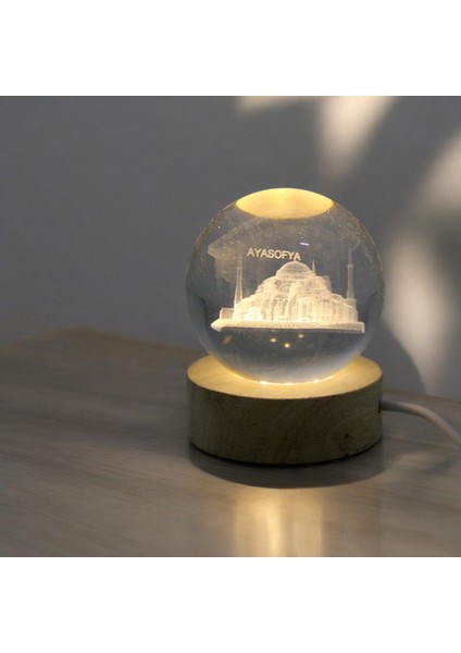 Kişiye Özel Işıklı Ahşap Ayasofya Kristal Cam Küre 6cm