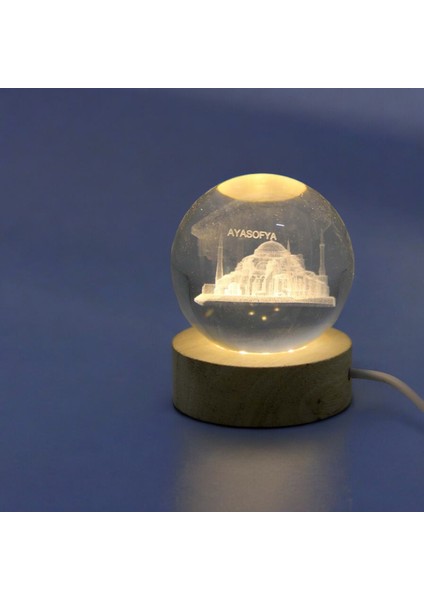 Kişiye Özel Işıklı Ahşap Ayasofya Kristal Cam Küre 6cm