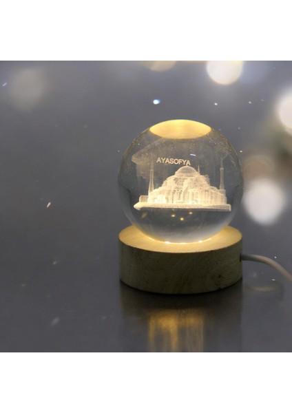 Kişiye Özel Işıklı Ahşap Ayasofya Kristal Cam Küre 6cm