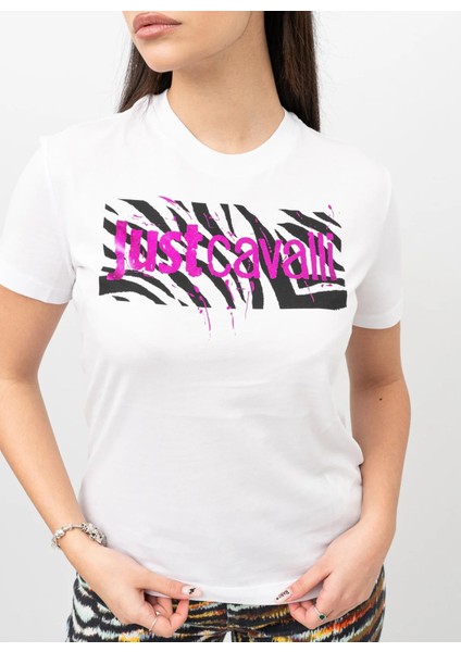 Just Cavalli Yuvarlak Yaka Baskılı Beyaz Kadın T-Shirt 76Pahg07