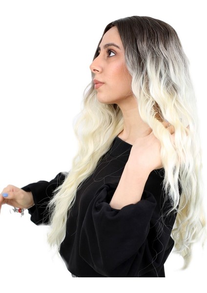 Kanekalon Fiber Sentetik Uzun Su Dalgalı Görünümlü Peruk Kahve Platin Ombreli