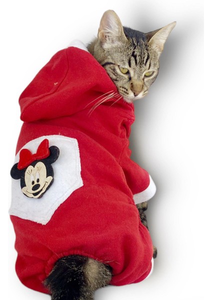 Kırmızı Sevimli Fare Kapşonlu Kedi Tulumu