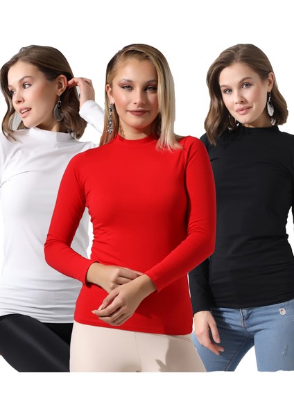 Kadın 3'lü Paket Yarım Balıkçı Yaka Kompakt Penye Esnek Uzun Kol Bluz 39939 Siyah-Beyaz-Kırmızı