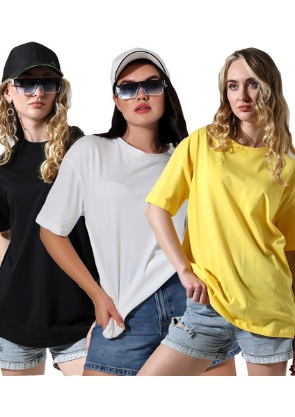 Kadın 3'lü Paket Oversize Bisiklet Yaka %100 Pamuk Penye Kompakt Basic T-Shirt 31752 Siyah-Beyaz-Sarı