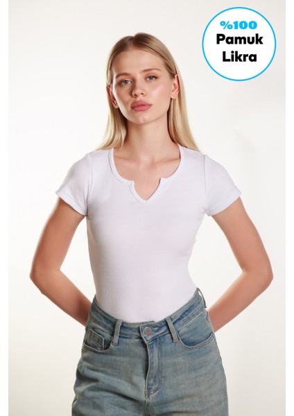 Kadın Beyaz Fitted Basic Fitilli Likralı V Yaka Kollu Tshirt Atlet Bluz fiyatları