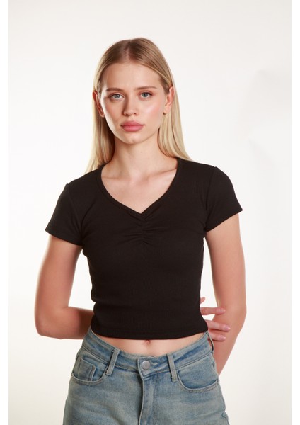 Kadın Siyah Crop Ön Yaka Büzgülü Fitilli Likralı Kollu Atlet Tshirt fiyatları