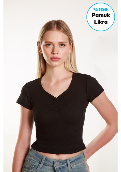 Kadın Siyah Crop Ön Yaka Büzgülü Fitilli Likralı Kollu Atlet Tshirt indirimleri