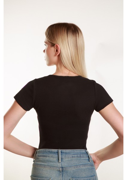 Kadın Siyah Fitted Basic Fitilli Likralı V Yaka Kollu Tshirt Atlet Bluz modelleri