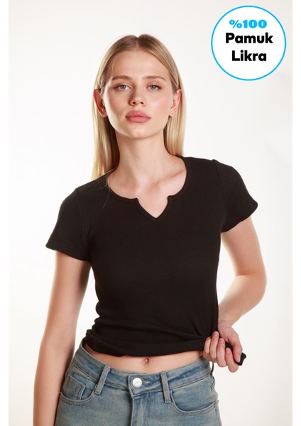 Kadın Siyah Fitted Basic Fitilli Likralı V Yaka Kollu Tshirt Atlet Bluz fırsatları