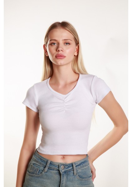 Kadın Beyaz Crop Ön Yaka Büzgülü Fitilli Likralı Kollu Atlet Tshirt