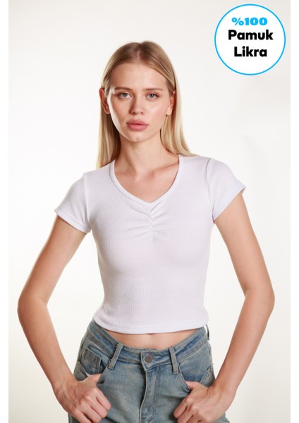 Kadın Beyaz Crop Ön Yaka Büzgülü Fitilli Likralı Kollu Atlet Tshirt fiyatları