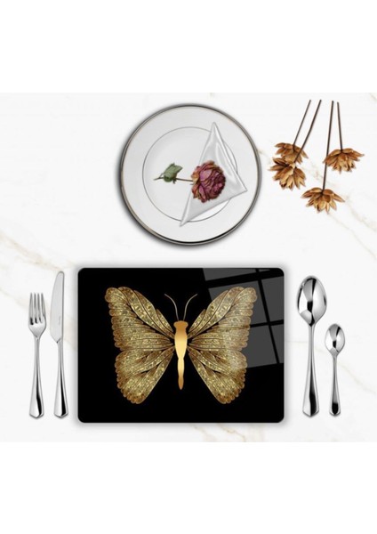 Özel Tasarım Cam Baskılı Gold Kelebek Supla Takımı 4 Adet
