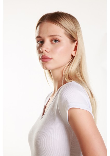 Kadın Beyaz Fitted Basic Fitilli Likralı V Yaka Kollu Tshirt Atlet Bluz indirimleri