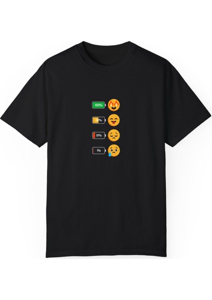 Emoji Enerji Baskılı Siyah Basic Tshirt Unisex