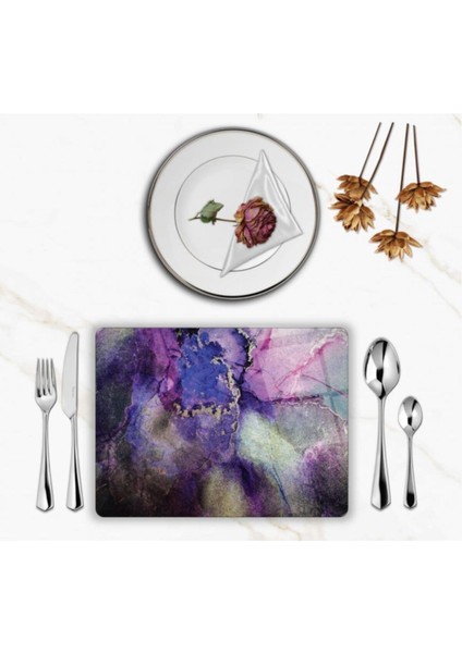 Özel Tasarım Cam Baskılı Mermer Desenli Cam Supla Takımı 6 Adet