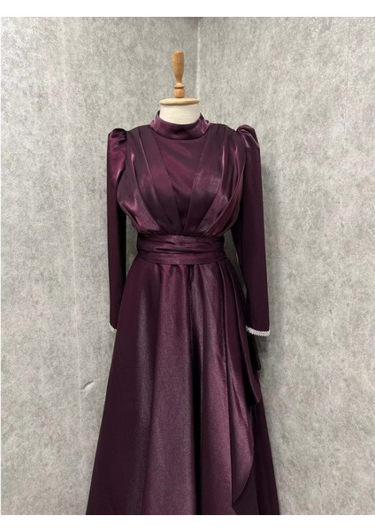 24Y4724 Hennin Abiye Elbise Kuyruklu Kolu Taşlı - Hennin - 24Y4724 - Mor - 36