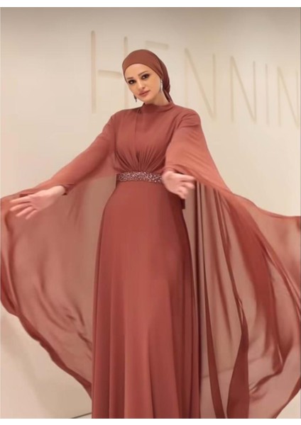24Y4808 Hennin Abiye Bel Taş Detay Pelerinli - Hennin - 24Y4808 - Marsala - 42