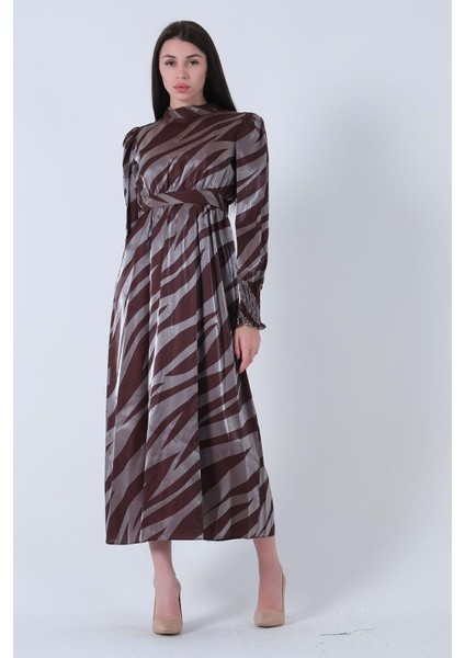 24Y3279 Elbise Zebra Desen Kolları Lastikli - Vishne - 24Y3279 - Kahve - 36