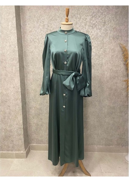 24Y4842 Hennin Abiye Elbise Saten Kemer Fiyonk Detaylı Önü Düğme Detay - Hennin - 24Y4842 - Haki - 42